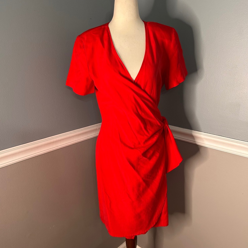 Vintage 90s New York Studio Vintage Red 100% Silk Wrap Dress Short Sleeve Size 8